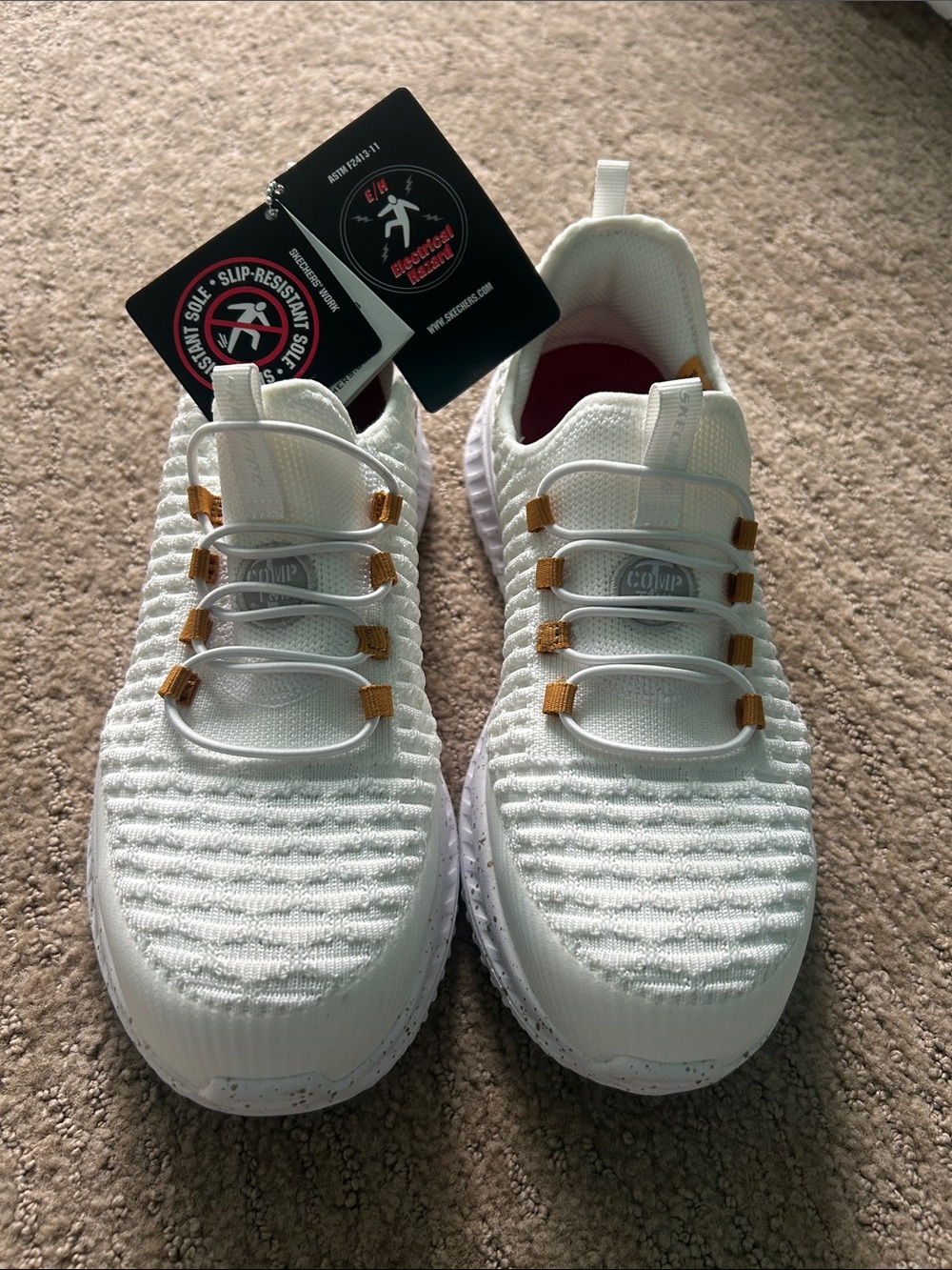Skechers White Knit Slip-On Sneakers with Gold Accent Loops